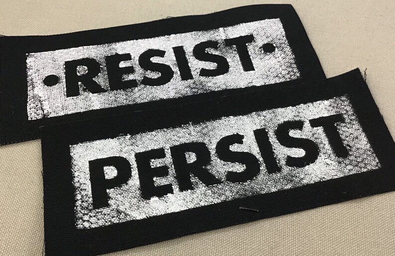 RESIST PERSIST handmade, sew on, black canvas patches. M image 9