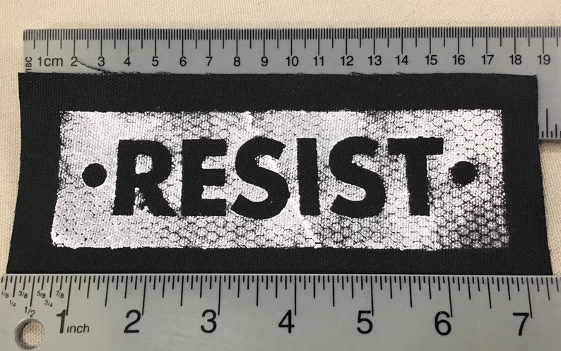 RESIST PERSIST handmade, sew on, black canvas patches. M image 2