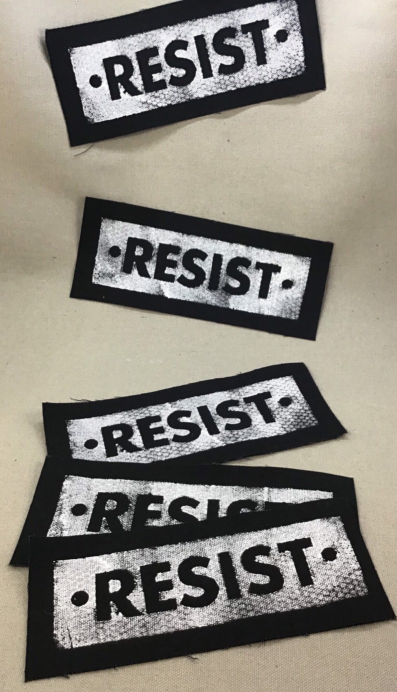 RESIST PERSIST handmade, sew on, black canvas patches. M image 4