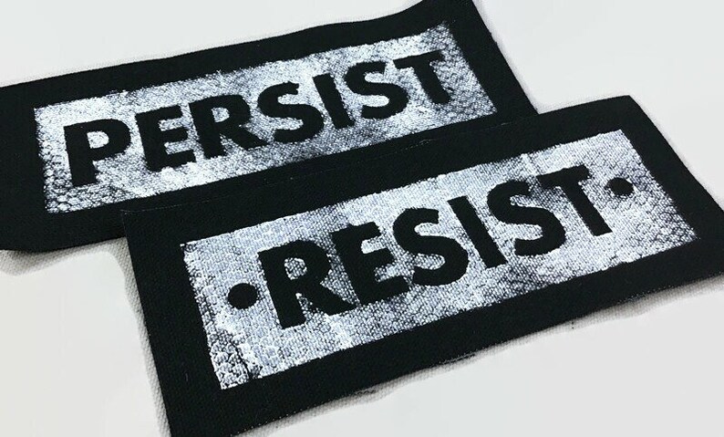 RESIST PERSIST handmade, sew on, black canvas patches. M image 1