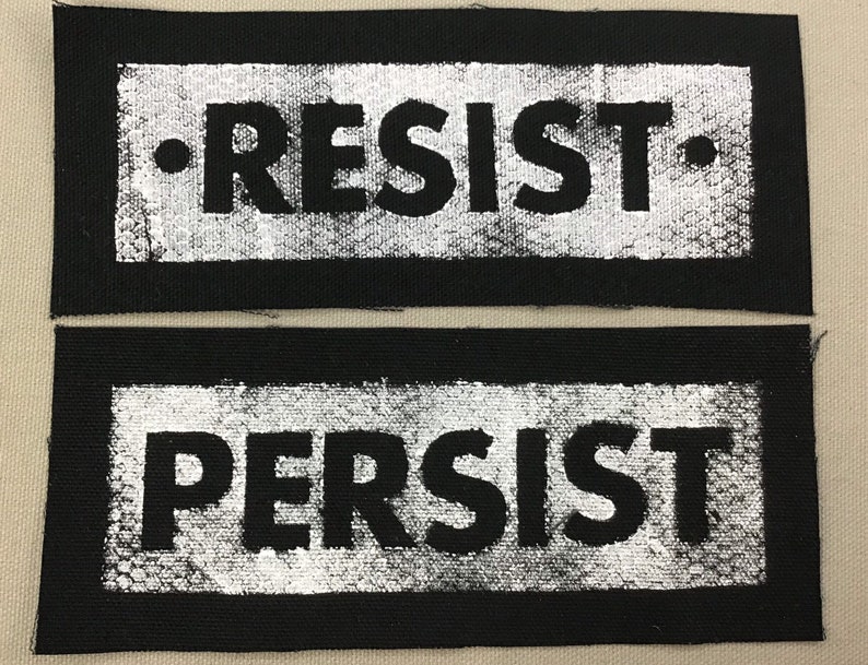 RESIST PERSIST handmade, sew on, black canvas patches. M image 7