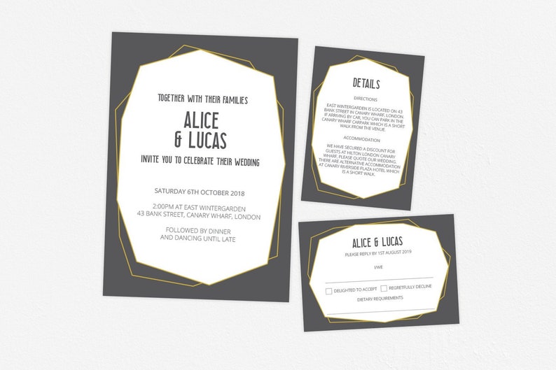 Gold Grey Faceted Wedding Invitation Art Deco Invitation Etsy