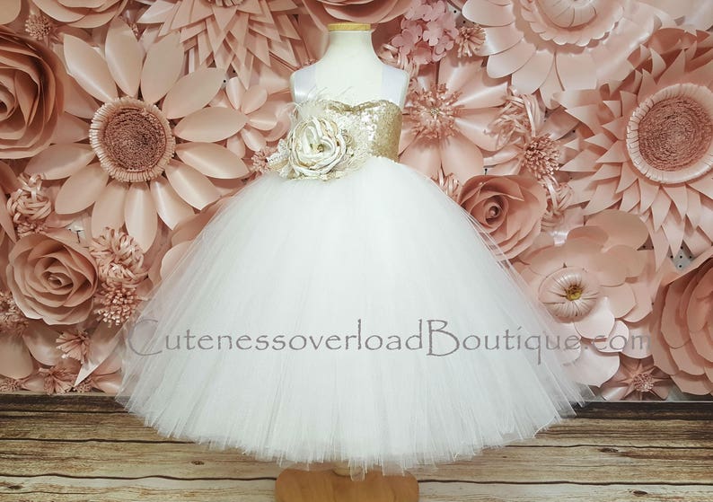 Champagne Tutu Dress White and Champagne Flower Girl Tutu Dress-Tutu Dress-Off White Tutu-Off White Dress-Champagne Flower Girl Tutu