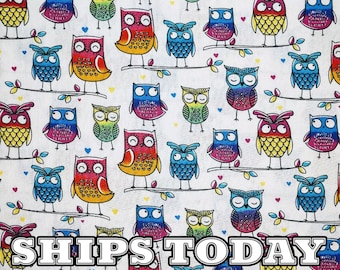 Quality 100/% Brushed Cotton Fabric — ½ Metre Colourful Owls on Grey Background