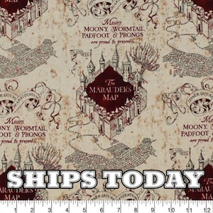 May include: A beige fabric with a red and black print of the Marauder's Map from the Harry Potter series. The map features a detailed illustration of Hogwarts castle and the text "Messrs Moony, Wormtail, Padfoot & Prongs are proud to present The Marauder's Map".