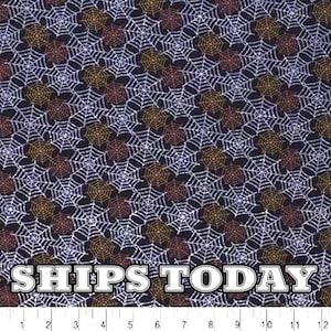 Halloween Spider Webs Glitter 100% Cotton Fabric, Fat Quarter, By The Yard, Silver Glitter and Orange Webs Fabric for Face Masks SHIPS TODAY