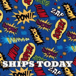 Comic Superhero Words 100% Cotton Fabric, Fat Quarter, FQ By The Yard Superhero Cotton Black or Royal Blue Fabric for Face Masks SHIPS TODAY