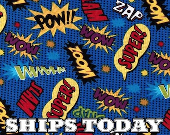 Comic Superhero Words 100% Cotton Fabric, Fat Quarter, FQ By The Yard Superhero Cotton Black or Royal Blue Fabric for Face Masks SHIPS TODAY