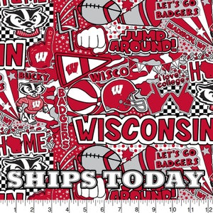 University of Wisconsin Badgers Pop Art 100% Cotton Fabric Fat Quarter, By The Yard, Cotton Badgers Fabric for Face Masks SHIPS TODAY