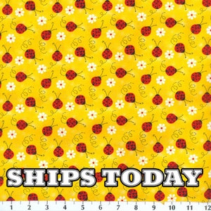 Ladybug with Daisy 100% Cotton Fabric, Fat Quarter, FQ, By The Yard, Yellow Red White Black Daisy Ladybug Fabric for Face Masks SHIPS TODAY