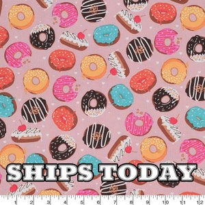 Tossed Donuts on Pink Cotton Fabric, Fat Quarter, FQ By The Yard, Donut Doughnut Sprinkles Frosting Cotton Fabric for Bandanas SHIPS TODAY