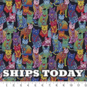 Psychedelic Cats 100% Cotton Fabric, Fat Quarter, By The Yard, 1970s 70s Peace Cats Cotton Fabric for Bedding SHIPS TODAY