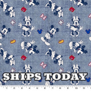 Disney Mickey Minnie Denim Badge Toss 100% Cotton Fabric, Fat Quarter, By The Yard, Quilting, Pillows, Home Decor, Face Masks - SHIPS TODAY