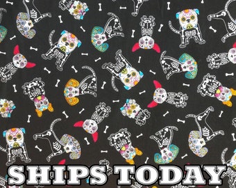 Sugar Skulls Dogs Skeleton 100% Cotton Fabric, Sugar Skull Halloween Dia De Los Muertos Cotton Fabric for Face Masks Ships Today
