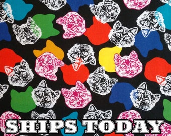 Tossed Cat Faces on Color Silhouettes 100% Cotton Fabric, Fat Quarter, FQ, By The Yard, Kitten Colorful Fabric for Face Masks SHIPS TODAY