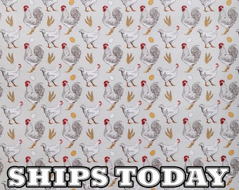 May include: A seamless pattern featuring a repeating design of white chickens and eggs on a light gray background. The chickens are depicted in a stylized, vintage illustration style. The pattern is perfect for crafting projects, scrapbooking, and home decor.