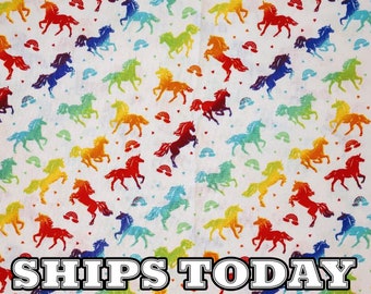 Rainbow Unicorn Tossed 100% Cotton Fabric, Fat Quarter, By The Yard, Unicorns Rainbow Colorful Cotton Fabric for Face Masks SHIPS TODAY