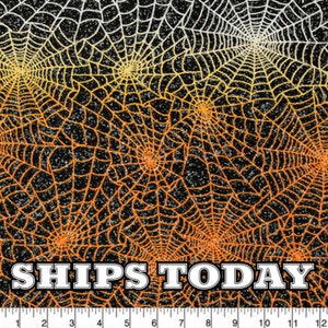 Halloween Spider Web Glitter Halloween 100% Cotton Fabric, Fat Quarter, By The Yard, Glitter and OrangeYellow Webs Quilting SHIPS TODAY