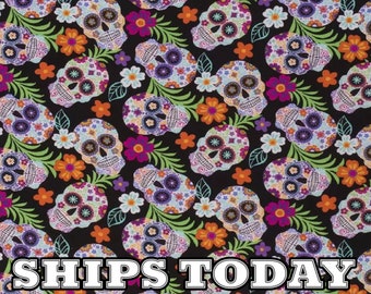 Tropical Sugar Skulls 100% Cotton Fabric, Fat Quarter, FQ, By The Yard, Dia De Los Muertos Cotton Fabric for Face Masks - SHIPS TODAY