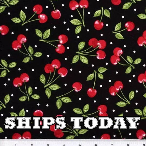 Dots & Cherries 100% Cotton Fabric, Fat Quarter, FQ, By The Yard, Fruit Stems Cotton Cherries Cherry Fabric for Face Masks SHIPS TODAY