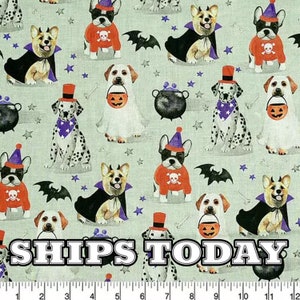 Dogs In Costume Gray Halloween Cotton Fabric, Fat Quarter, FQ, By The Yard, Halloween Dogs Packed Dog Costume Quilting - SHIPS TODAY