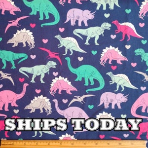 Pink Girl Dinosaurs 100% Cotton Fabric, Fat Quarter, By The Yard, Dinosaur Hearts Purple Girls Dino Fabric for Bandanas - SHIPS TODAY