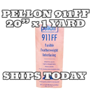 May include: A pink and blue package of Pellon 911FF fusible featherweight interfacing. The package is 20 inches by 1 yard. It is great for use with light to midweight fabrics, wovens and knits, challis, chambray, jersey, broadcloth, and linen.
