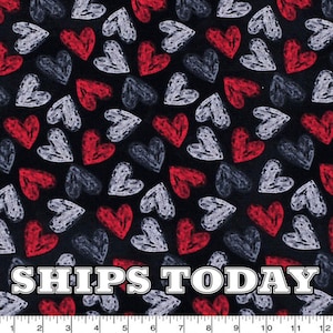 Valentine&#39;s Day Chalkboard Hearts Red Black Cotton Fabric, Fat Quarter, FQ, By The Yard, Half Yard Quilting, Pillows, Bandanas SHIPS TODAY