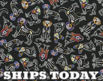 Sugar Skulls Dogs Skeleton 100% Cotton Fabric, Fat Quarter, FQ, By The Yard, Sugar Skull Halloween Cotton Fabric for Bedding Ships Today