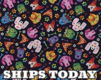 Sugar Skull Dogs 100% Cotton Fabric, Fat Quarter, By The Yard, Sugar Skulls Dogs Halloween Cotton Fabric for Face Masks SHIPS TODAY