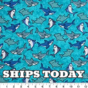 Packed Sharks 100% Cotton Fabric, Fat Quarter, FQ, By The Yard, Packed Sharks Blue Ocean Sea Cotton Fabric for Bandanas SHIPS TODAY