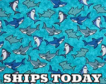 Packed Sharks 100% Cotton Fabric, Fat Quarter, FQ, By The Yard, Packed Sharks Blue Ocean Sea Cotton Fabric for Bandanas SHIPS TODAY