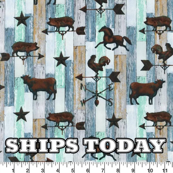 Weathervanes 100% Cotton Fabric, Fat Quarter, FQ, By The Yard, Farm Cotton Cow Pig Chicken Horse Fabric for Face Masks SHIPS TODAY