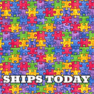 Multi Color Rainbow Puzzle Pieces Cotton Fabric, Fat Quarter, FQ By The Yard, Autism Jigsaw Puzzle Cotton Fabric for Bandanas SHIPS TODAY