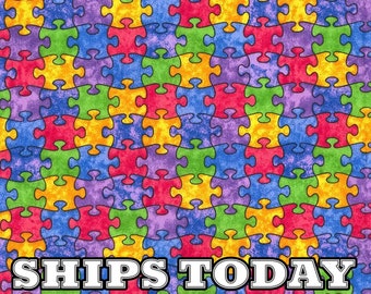 Multi Color Rainbow Puzzle Pieces Cotton Fabric, Fat Quarter, FQ By The Yard, Rainbow Jigsaw Puzzle Cotton Fabric for Face Masks SHIPS TODAY
