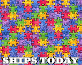 Multi Color Rainbow Puzzle Pieces Cotton Fabric, Fat Quarter, FQ By The Yard, Autism Jigsaw Puzzle Cotton Fabric for Bandanas SHIPS TODAY