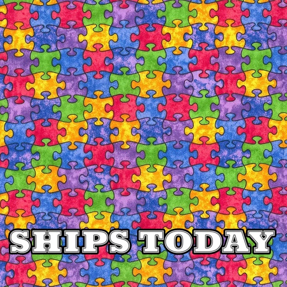 Multi Color Rainbow Puzzle Pieces Cotton Fabric, Fat Quarter, FQ By The Yard, Autism Jigsaw Puzzle Cotton Fabric for Bandanas SHIPS TODAY