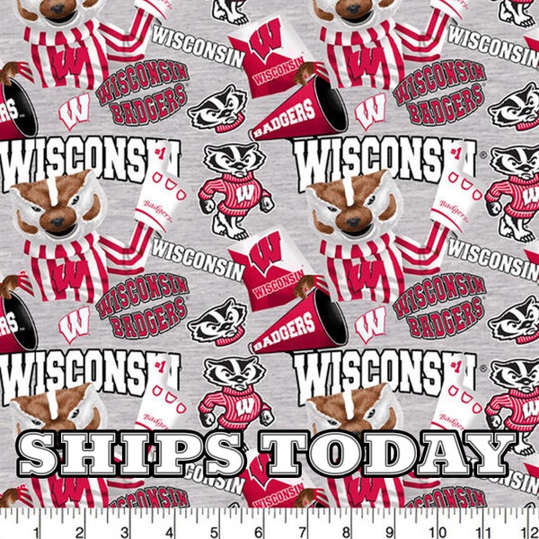 Wisconsin Badgers Mascot 100% Cotton Fabric, Fat Quarter, By The Yard, UW Madison Bucky Badger Sports NCAA Fabric for Face Masks Ships Today