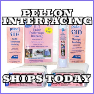 May include: A close-up of various rolls of Pellon fusible interfacing fabric. The rolls are white and feature the Pellon brand name and product information, including the product number, type of interfacing, and width. The text "SHIPS TODAY" is printed in large, bold letters across the bottom of the image.