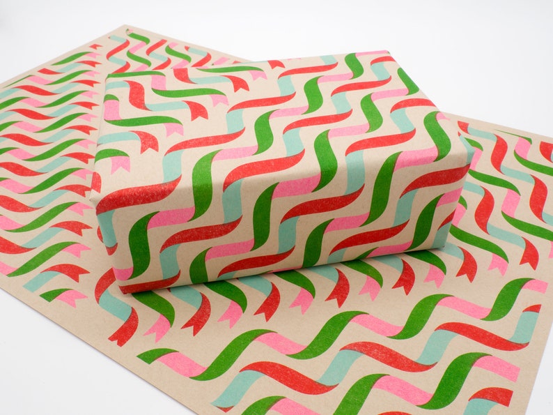 Patterned paper, risograph printed, eco friendly, recycled decorative wrapping paper in 11 x 17 inch sheets, Ribbons pattern image 3