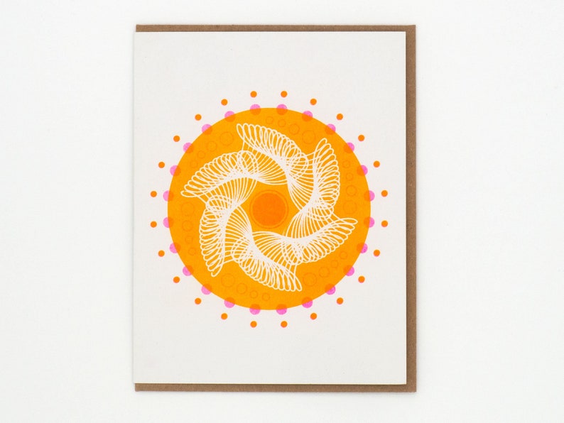 Cartão de notas espirógrafo de geometria sagrada em laranja e rosa, caixa em branco imagem 7