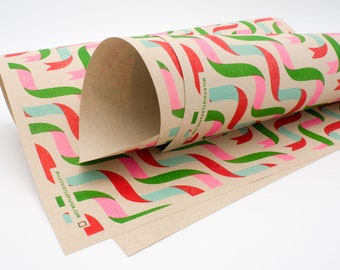 Patterned paper, risograph printed, eco friendly, recycled decorative wrapping paper in 11 x 17 inch sheets, "Ribbons" pattern