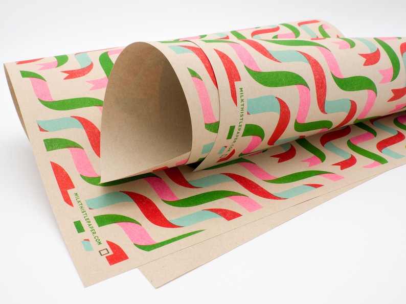 Patterned paper, risograph printed, eco friendly, recycled decorative wrapping paper in 11 x 17 inch sheets, Ribbons pattern image 1