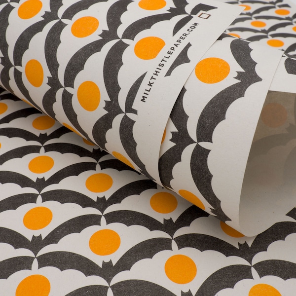 Eco friendly, recycled spooky Halloween wrapping paper in A3 sheets (11.7" x 16.5"), Risograph printed Bat Moon pattern