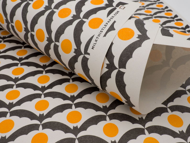 Eco friendly, recycled spooky Halloween wrapping paper in A3 sheets 11.7 x 16.5, Risograph printed Bat Moon pattern image 1