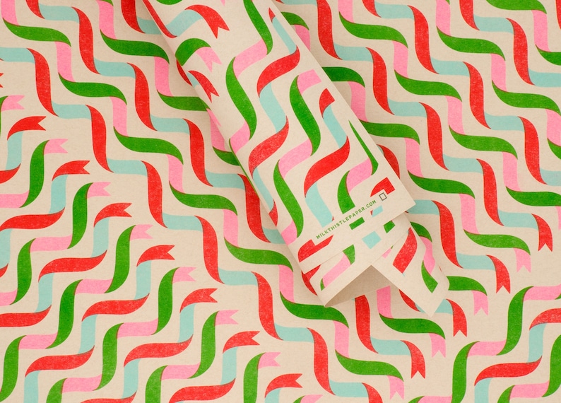 Patterned paper, risograph printed, eco friendly, recycled decorative wrapping paper in 11 x 17 inch sheets, Ribbons pattern image 2