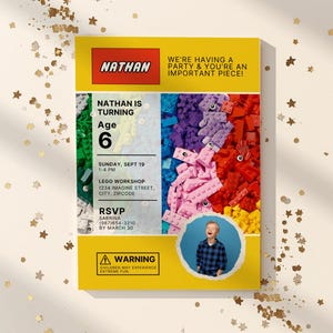 May include: A yellow birthday invitation featuring the name "Nathan" and the text "We're having a party & you're an important piece!". The invitation includes details for a Lego-themed party, with a photo of a child.