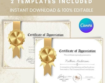 Modèle de certificat d'appréciation pour les récompenses d'employés, certificat de reconnaissance imprimable, prix d'excellence pour les employés, modèle canva