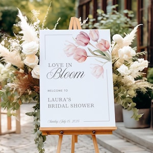 Panneau de bienvenue Love in Bloom pour une fête avec des tulipes printanières, panneau de bienvenue pour mariage, panneau de bienvenue pour shower de mariage ou baby shower, panneau de jardin