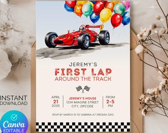 May include: A red and white race car birthday party invitation featuring a red race car and colourful balloons. The invitation reads "Jeremy's First Lap Around the Track" and includes the date, time, and location of the party.